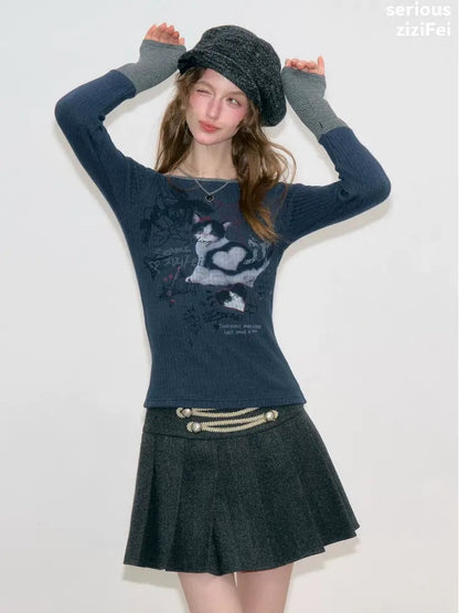 Vintage Heart Graffiti Cat Print Dark Blue Artistic Knit Tops【s0000018765】