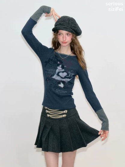 Vintage Heart Graffiti Cat Print Dark Blue Artistic Knit Tops【s0000018765】