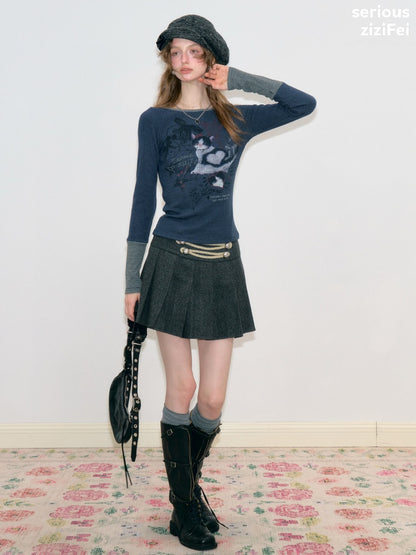 Vintage Heart Graffiti Cat Print Dark Blue Artistic Knit Tops【s0000018765】