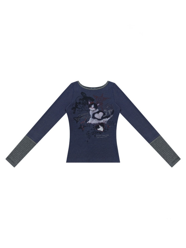 Vintage Heart Graffiti Cat Print Dark Blue Artistic Knit Tops【s0000018765】