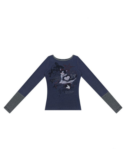 Vintage Heart Graffiti Cat Print Dark Blue Artistic Knit Tops【s0000018765】