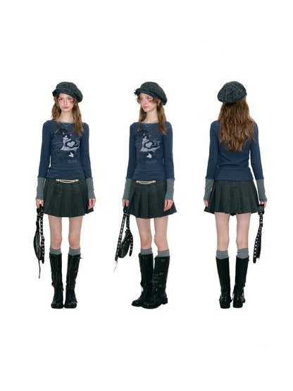 Vintage Heart Graffiti Cat Print Dark Blue Artistic Knit Tops【s0000018765】
