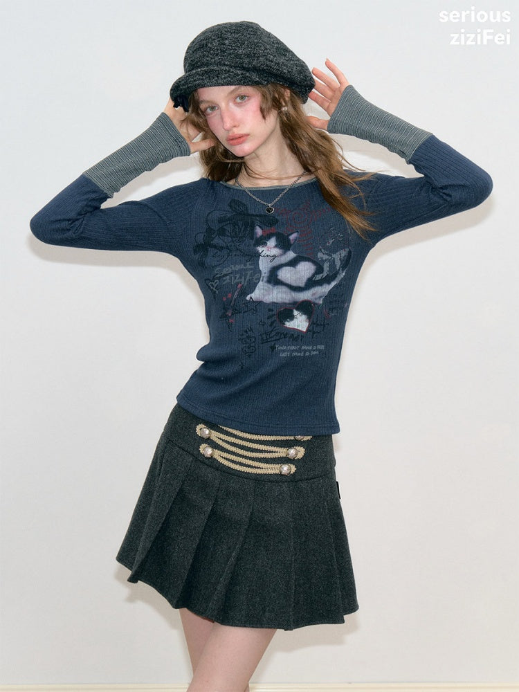 Vintage Heart Graffiti Cat Print Dark Blue Artistic Knit Tops【s0000018765】