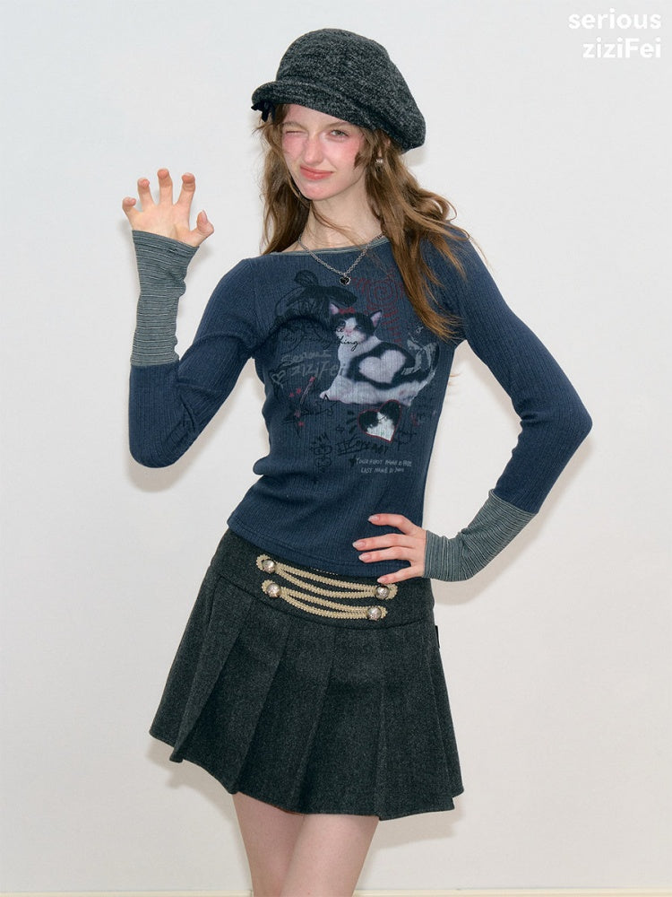 Vintage Heart Graffiti Cat Print Dark Blue Artistic Knit Tops【s0000018765】