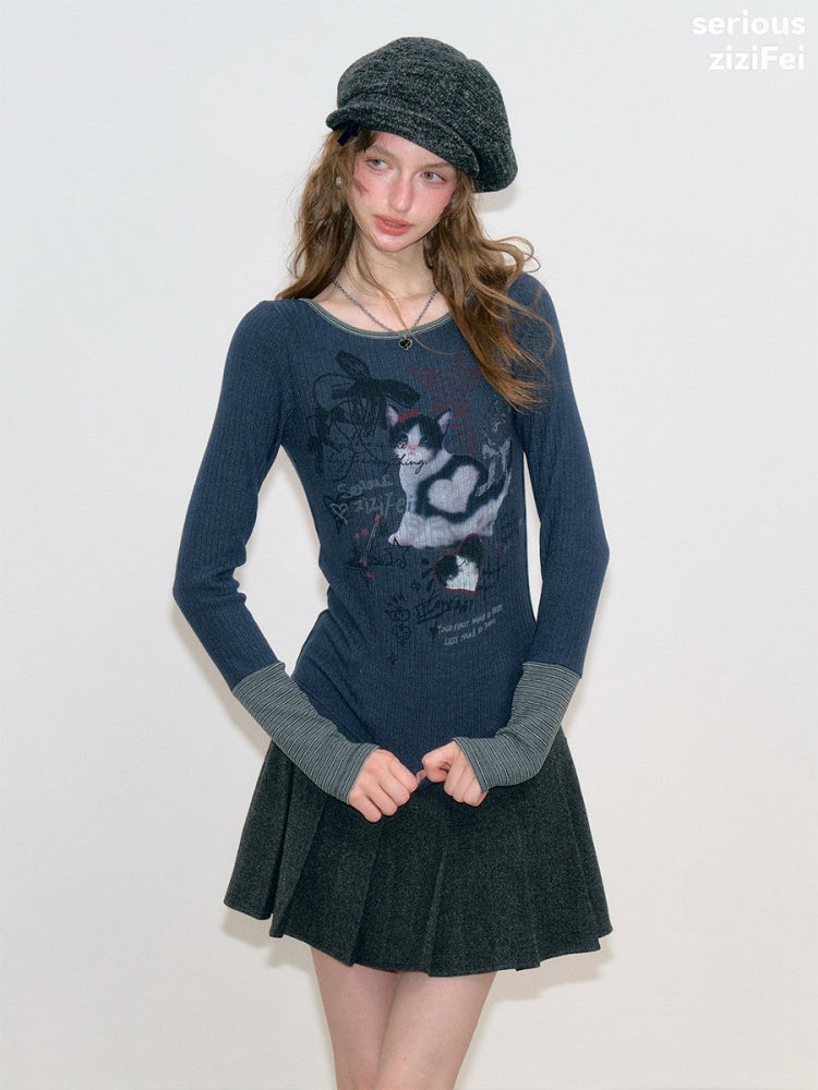 Vintage Heart Graffiti Cat Print Dark Blue Artistic Knit Tops【s0000018765】