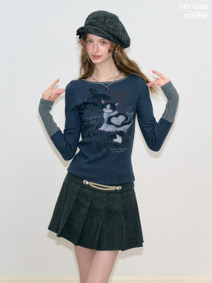 Vintage Heart Graffiti Cat Print Dark Blue Artistic Knit Tops【s0000018765】