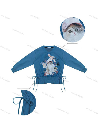Retro Childlike Cat Print Blue V-Neck Drawstring Hem Sweatshirt【s0000018766】