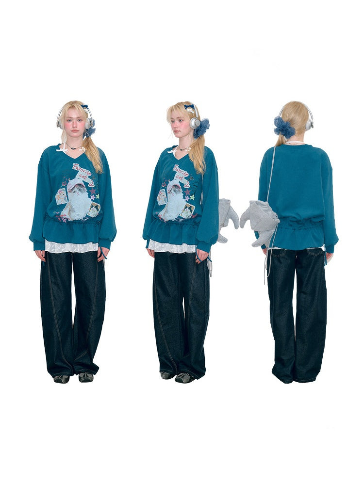 Retro Childlike Cat Print Blue V-Neck Drawstring Hem Sweatshirt【s0000018766】
