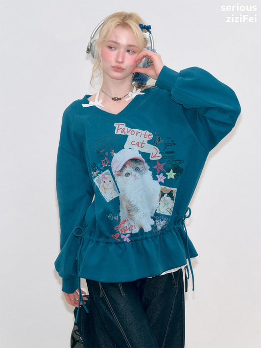 Retro Childlike Cat Print Blue V-Neck Drawstring Hem Sweatshirt【s0000018766】
