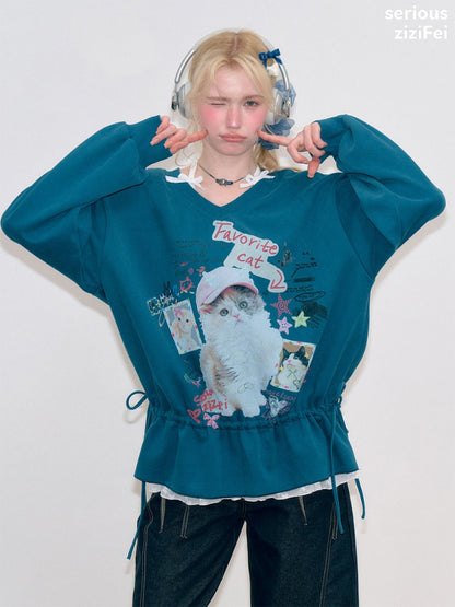 Retro Childlike Cat Print Blue V-Neck Drawstring Hem Sweatshirt【s0000018766】