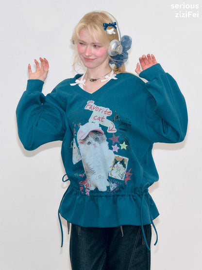 Retro Childlike Cat Print Blue V-Neck Drawstring Hem Sweatshirt【s0000018766】