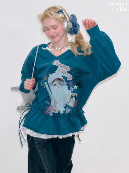 Retro Childlike Cat Print Blue V-Neck Drawstring Hem Sweatshirt【s0000018766】
