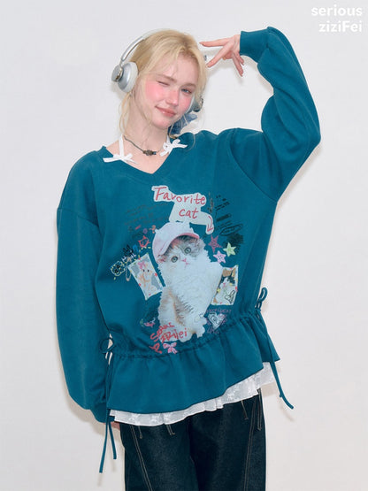 Retro Childlike Cat Print Blue V-Neck Drawstring Hem Sweatshirt【s0000018766】