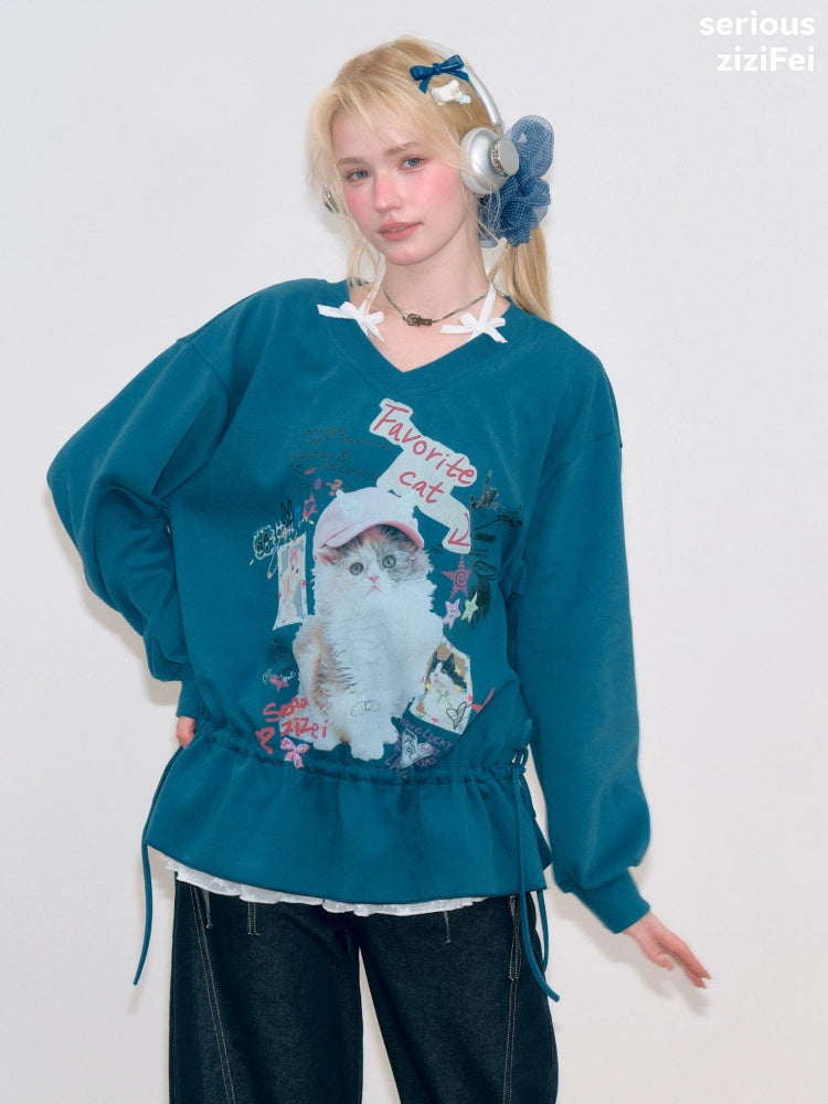 Retro Childlike Cat Print Blue V-Neck Drawstring Hem Sweatshirt【s0000018766】