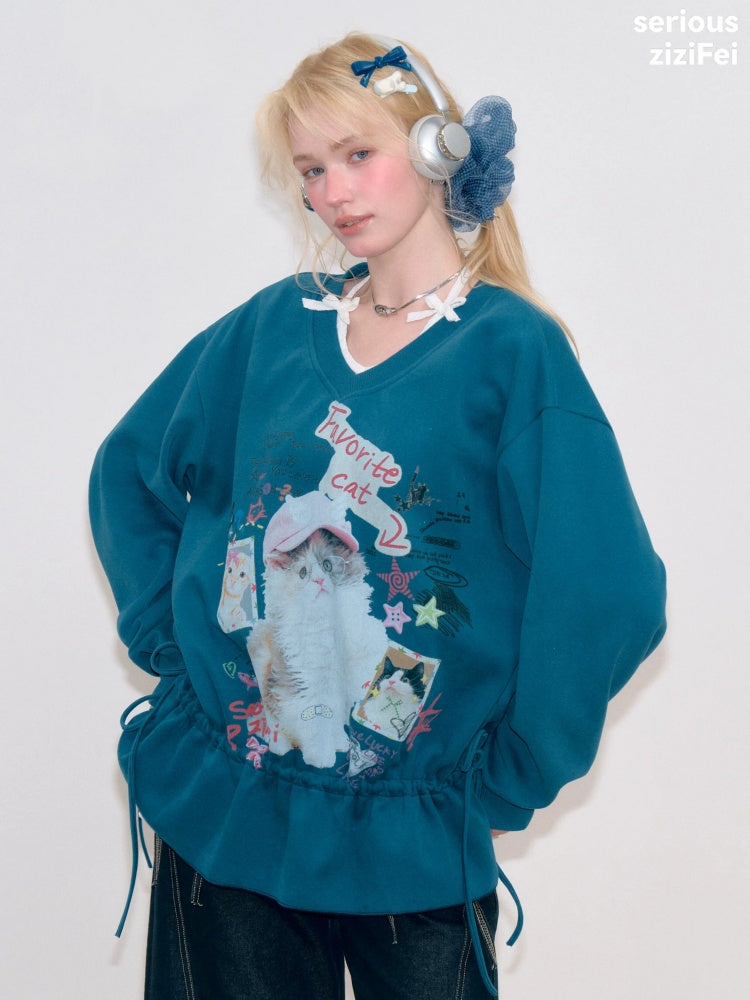 Retro Childlike Cat Print Blue V-Neck Drawstring Hem Sweatshirt【s0000018766】
