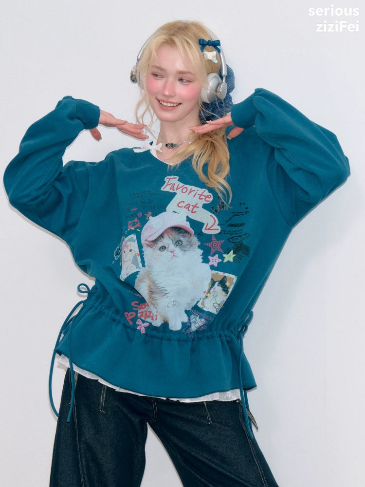 Retro Childlike Cat Print Blue V-Neck Drawstring Hem Sweatshirt【s0000018766】