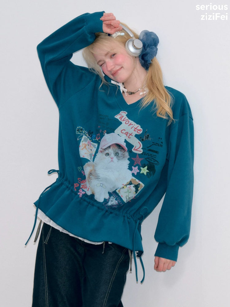 Retro Childlike Cat Print Blue V-Neck Drawstring Hem Sweatshirt【s0000018766】