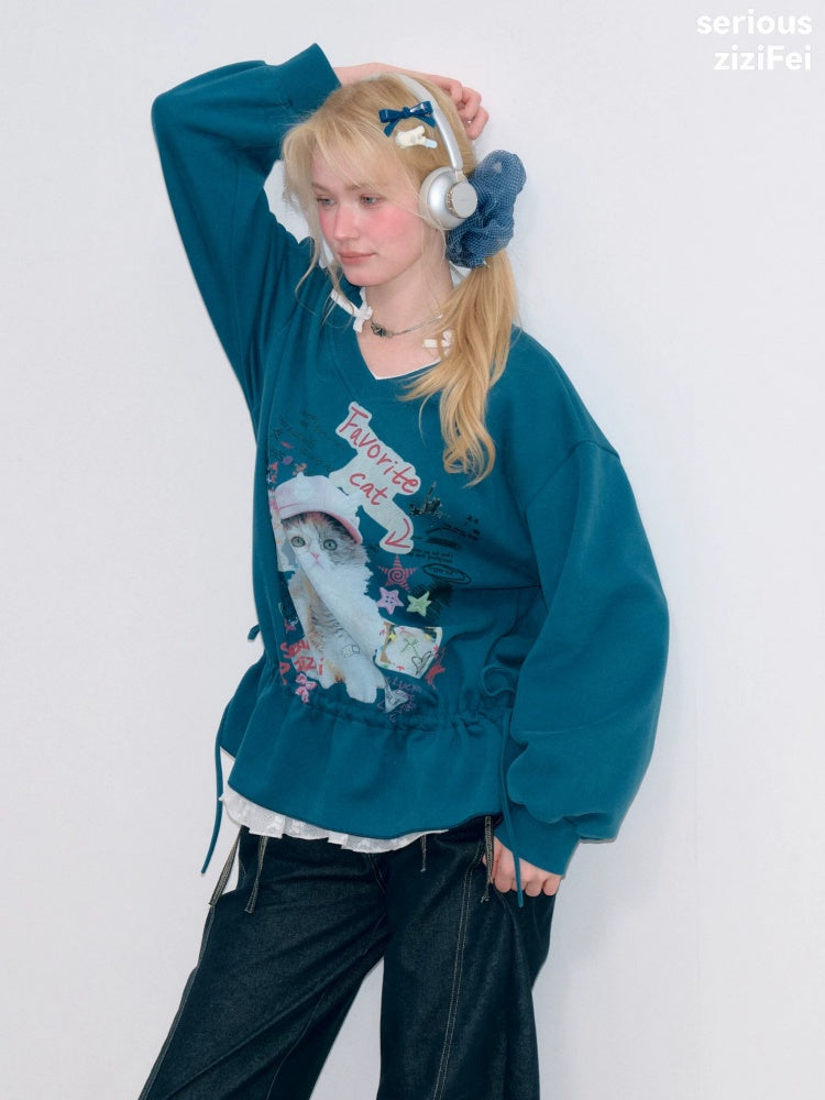 Retro Childlike Cat Print Blue V-Neck Drawstring Hem Sweatshirt【s0000018766】
