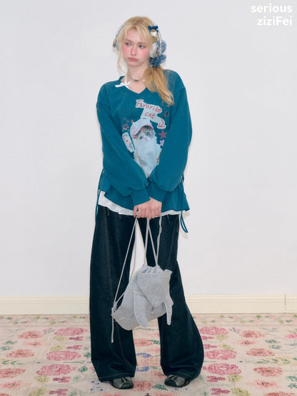 Retro Childlike Cat Print Blue V-Neck Drawstring Hem Sweatshirt【s0000018766】