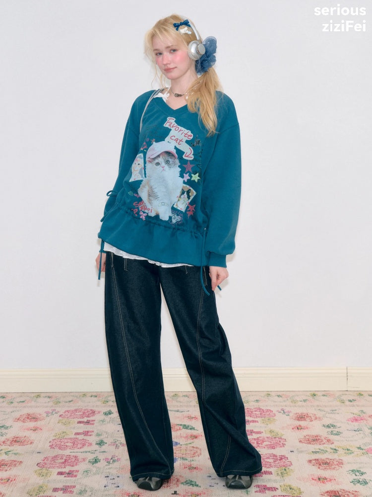 Retro Childlike Cat Print Blue V-Neck Drawstring Hem Sweatshirt【s0000018766】