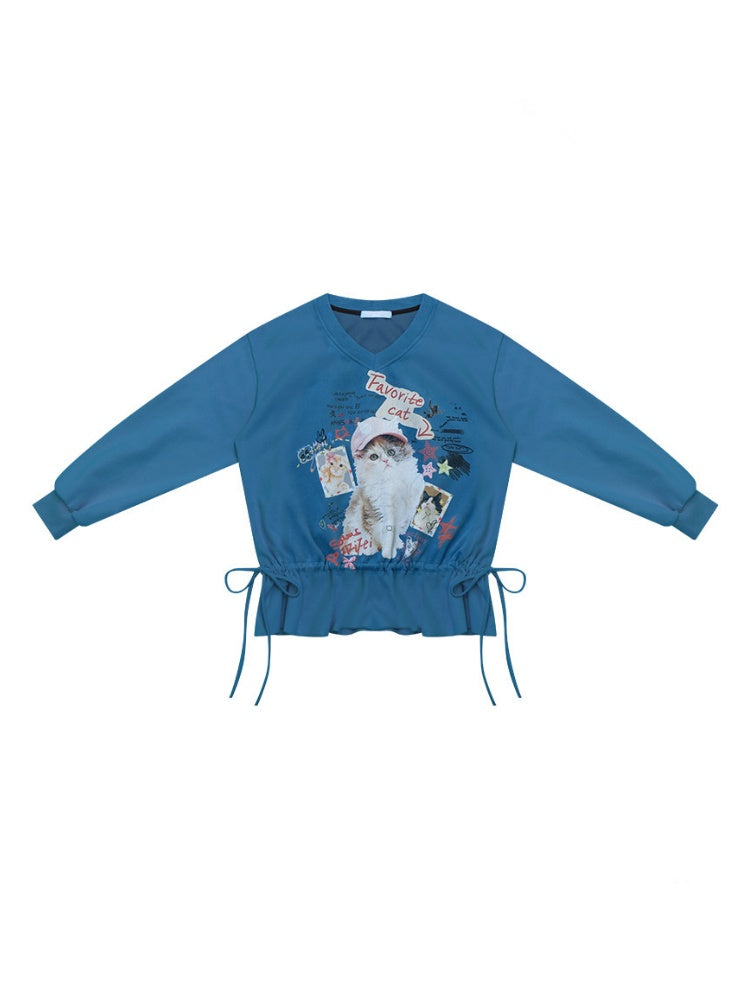 Retro Childlike Cat Print Blue V-Neck Drawstring Hem Sweatshirt【s0000018766】