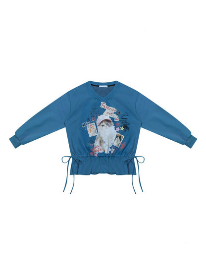 Retro Childlike Cat Print Blue V-Neck Drawstring Hem Sweatshirt【s0000018766】