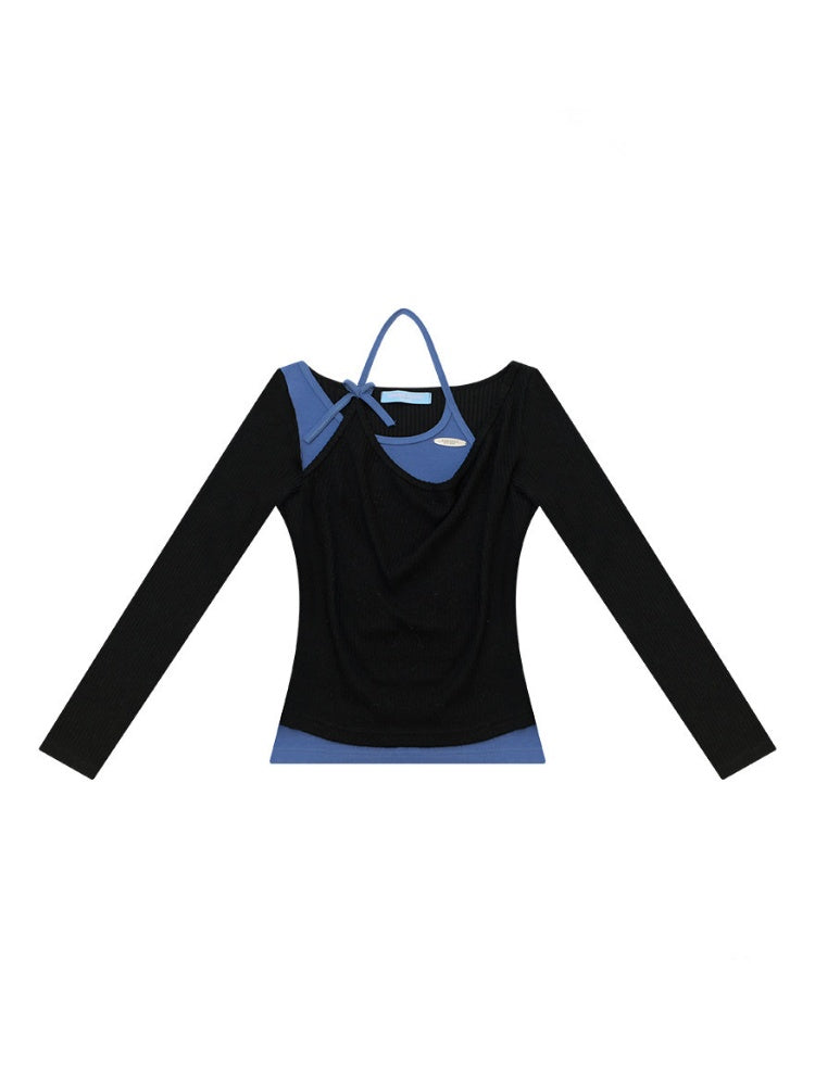 Vintage Fake Two-Piece Patchwork Black&Blue Halter Neck Knit Tops【s0000018767】