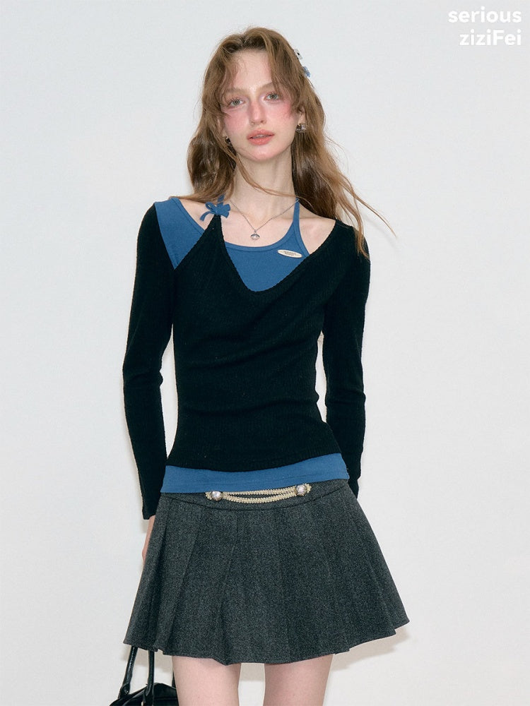 Vintage Fake Two-Piece Patchwork Black&Blue Halter Neck Knit Tops【s0000018767】
