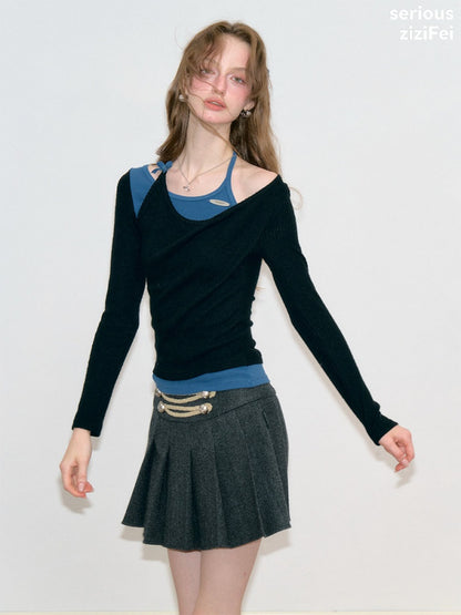 Vintage Fake Two-Piece Patchwork Black&Blue Halter Neck Knit Tops【s0000018767】