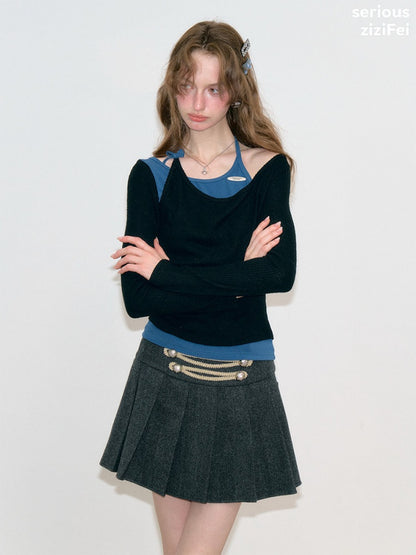 Vintage Fake Two-Piece Patchwork Black&Blue Halter Neck Knit Tops【s0000018767】