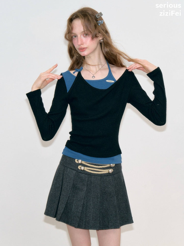 Vintage Fake Two-Piece Patchwork Black&Blue Halter Neck Knit Tops【s0000018767】