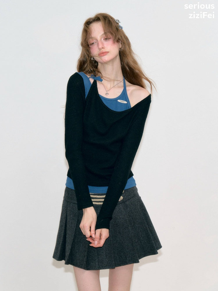 Vintage Fake Two-Piece Patchwork Black&Blue Halter Neck Knit Tops【s0000018767】