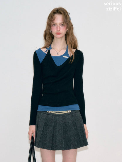 Vintage Fake Two-Piece Patchwork Black&Blue Halter Neck Knit Tops【s0000018767】