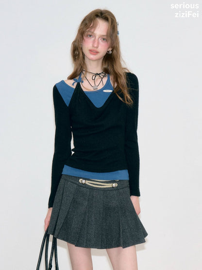 Vintage Fake Two-Piece Patchwork Black&Blue Halter Neck Knit Tops【s0000018767】