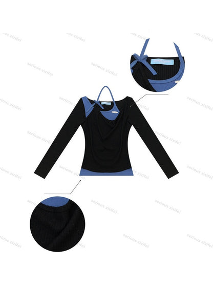 Vintage Fake Two-Piece Patchwork Black&Blue Halter Neck Knit Tops【s0000018767】