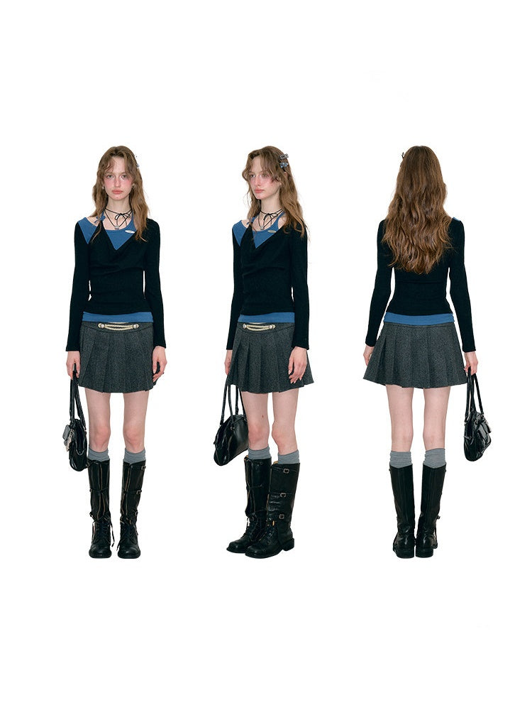 Vintage Fake Two-Piece Patchwork Black&Blue Halter Neck Knit Tops【s0000018767】