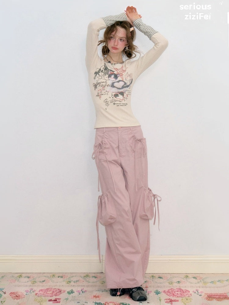 Vintage Heart Graffiti Cat Print Apricot Artistic Knit Tops【s0000018768】