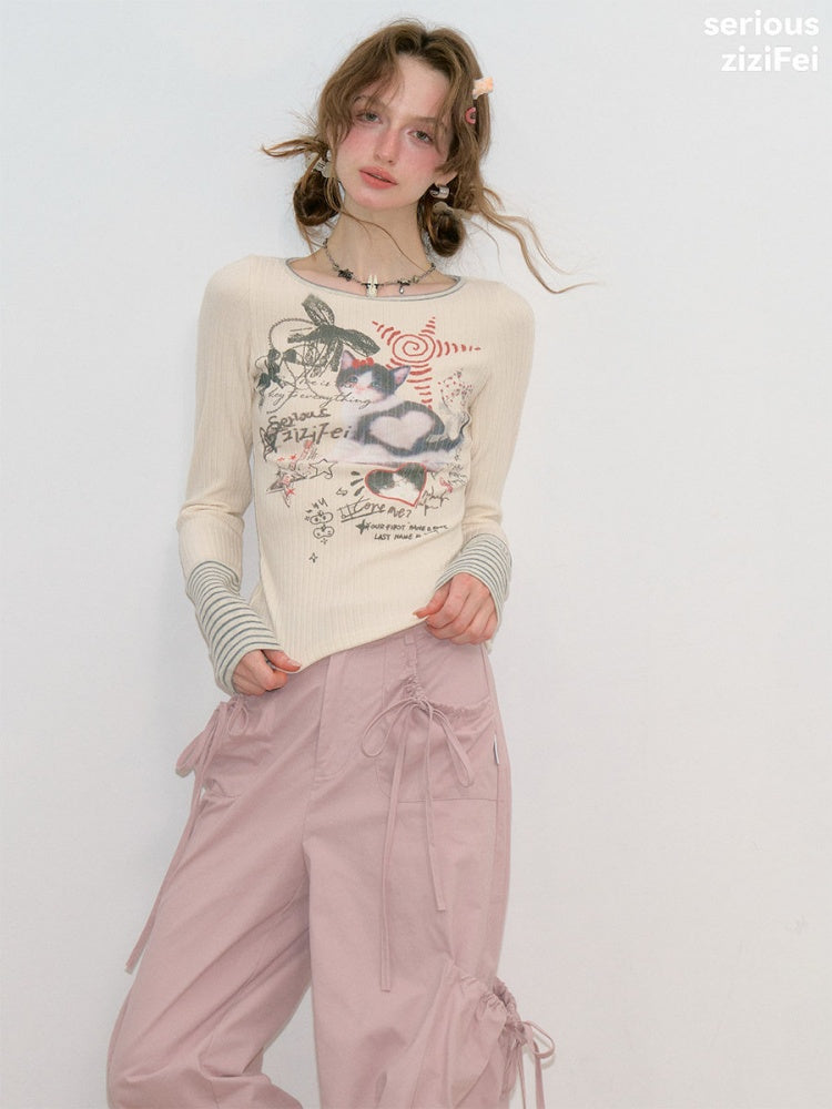 Vintage Heart Graffiti Cat Print Apricot Artistic Knit Tops【s0000018768】