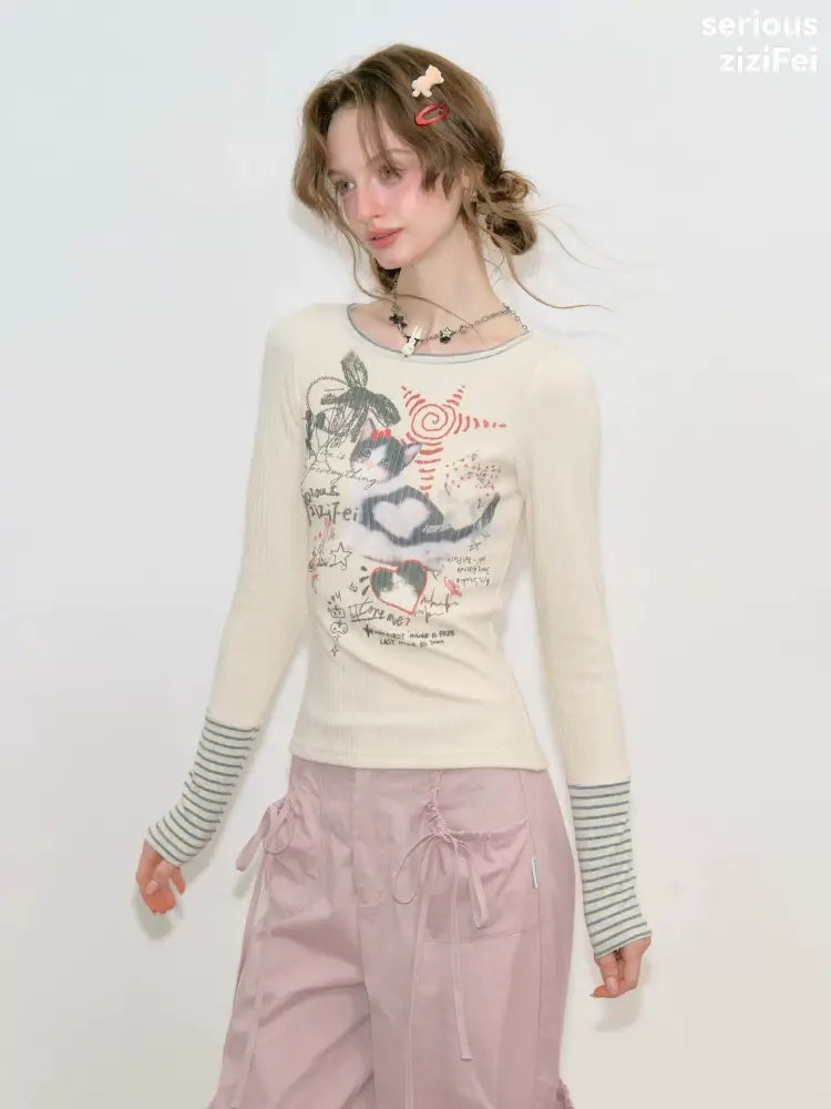 Vintage Heart Graffiti Cat Print Apricot Artistic Knit Tops【s0000018768】