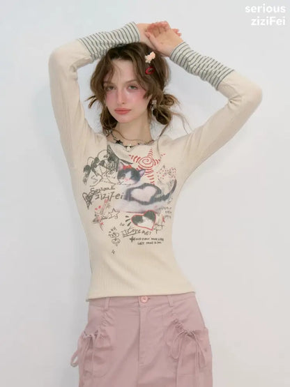 Vintage Heart Graffiti Cat Print Apricot Artistic Knit Tops【s0000018768】