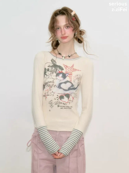 Vintage Heart Graffiti Cat Print Apricot Artistic Knit Tops【s0000018768】