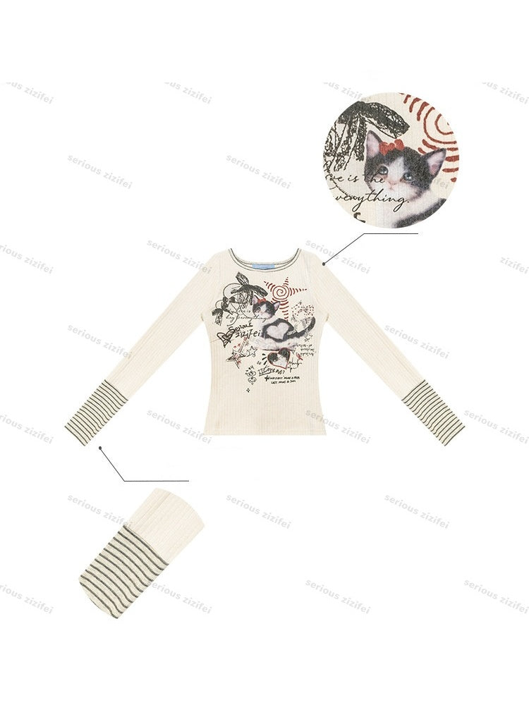 Vintage Heart Graffiti Cat Print Apricot Artistic Knit Tops【s0000018768】