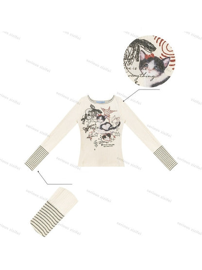 Vintage Heart Graffiti Cat Print Apricot Artistic Knit Tops【s0000018768】