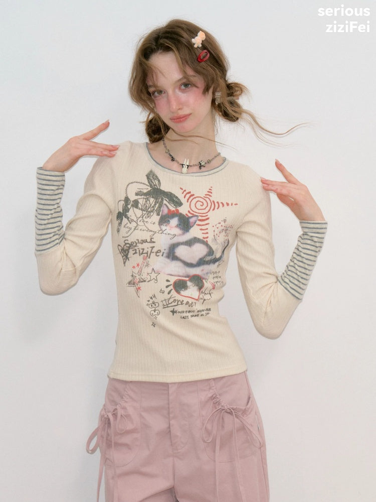 Vintage Heart Graffiti Cat Print Apricot Artistic Knit Tops【s0000018768】