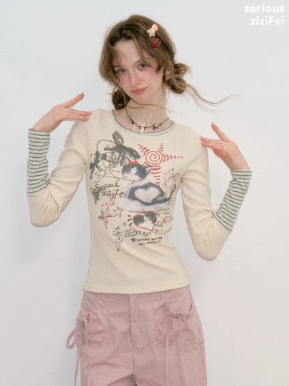 Vintage Heart Graffiti Cat Print Apricot Artistic Knit Tops【s0000018768】