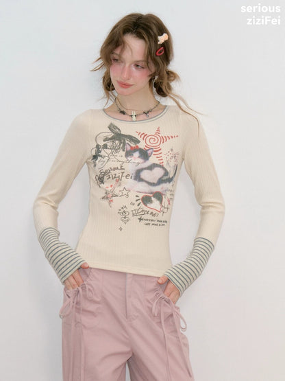 Vintage Heart Graffiti Cat Print Apricot Artistic Knit Tops【s0000018768】