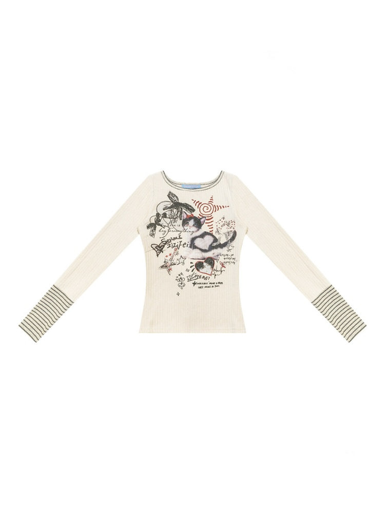 Vintage Heart Graffiti Cat Print Apricot Artistic Knit Tops【s0000018768】