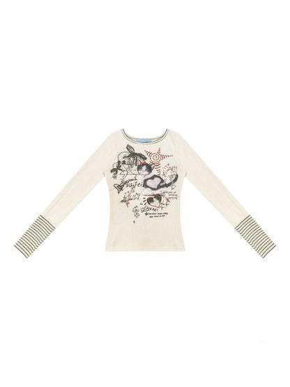 Vintage Heart Graffiti Cat Print Apricot Artistic Knit Tops【s0000018768】