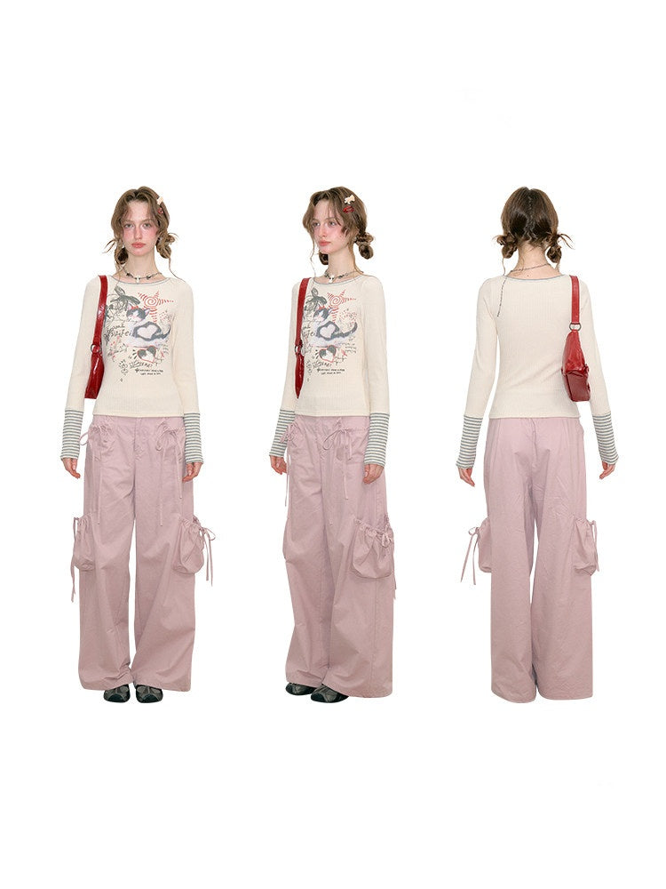 Vintage Heart Graffiti Cat Print Apricot Artistic Knit Tops【s0000018768】