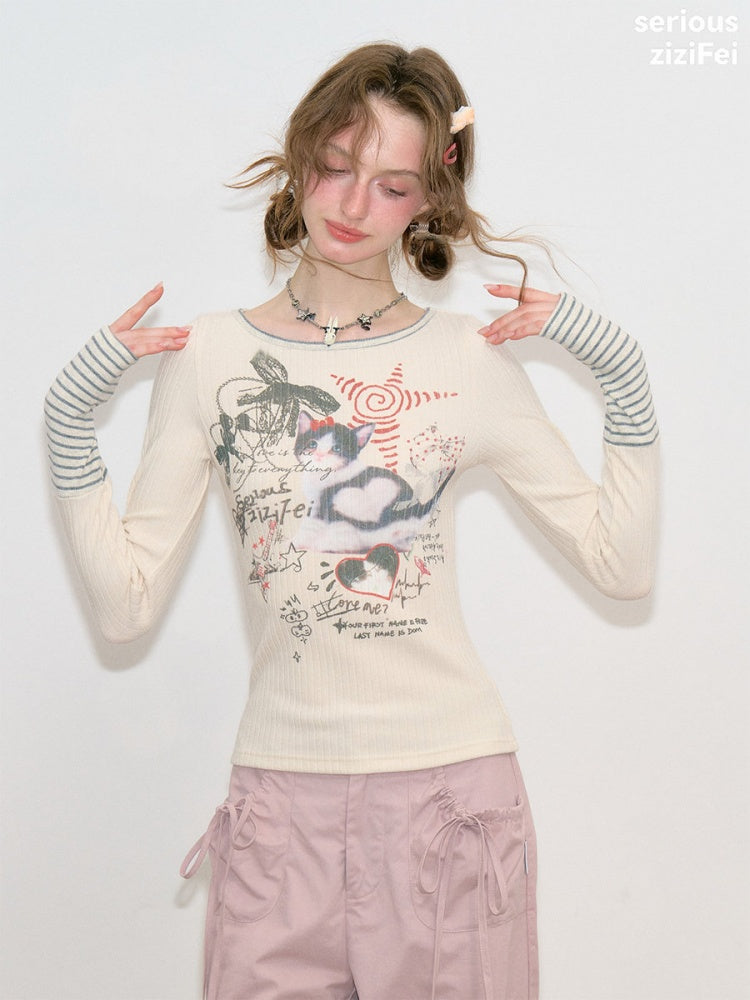 Vintage Heart Graffiti Cat Print Apricot Artistic Knit Tops【s0000018768】